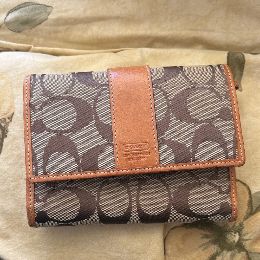 Coach Brown & Tan Signature Canvas Trifold Wallet